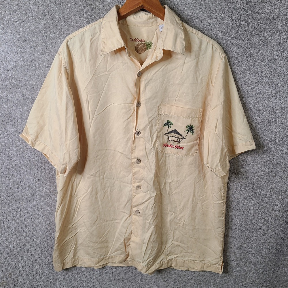 Caribbean Shirt Men Large Yellow Hula Hut Button Down Tencel Cotton Casual Beach